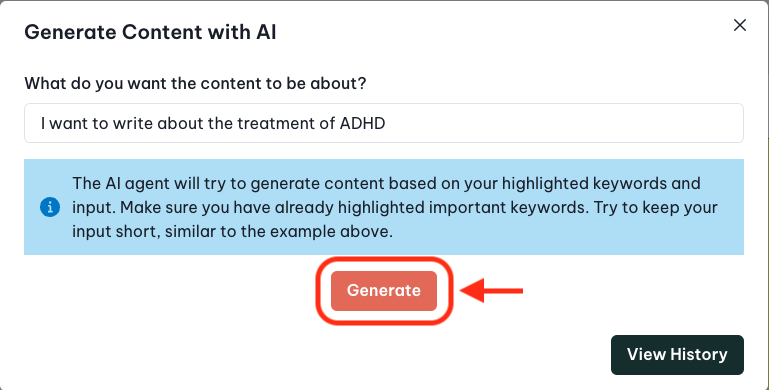 Generate content with AI modal button