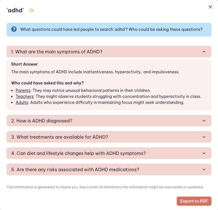 Keyword analysis pop up